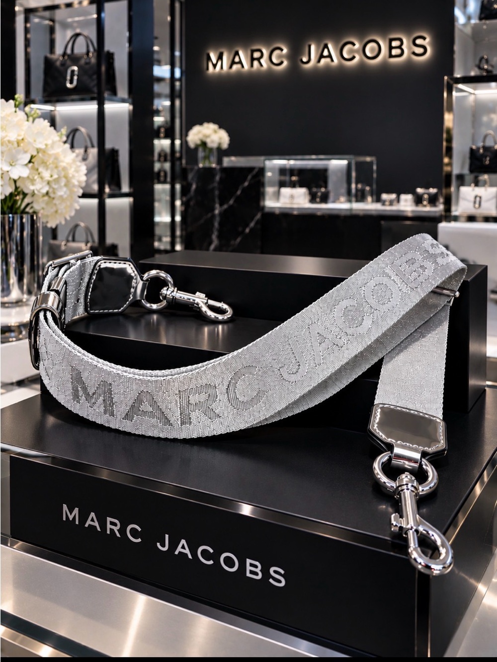 2021 MARC JACOBS The Outline Logo Webbing Adjustable Strap Metallic Silver EUC